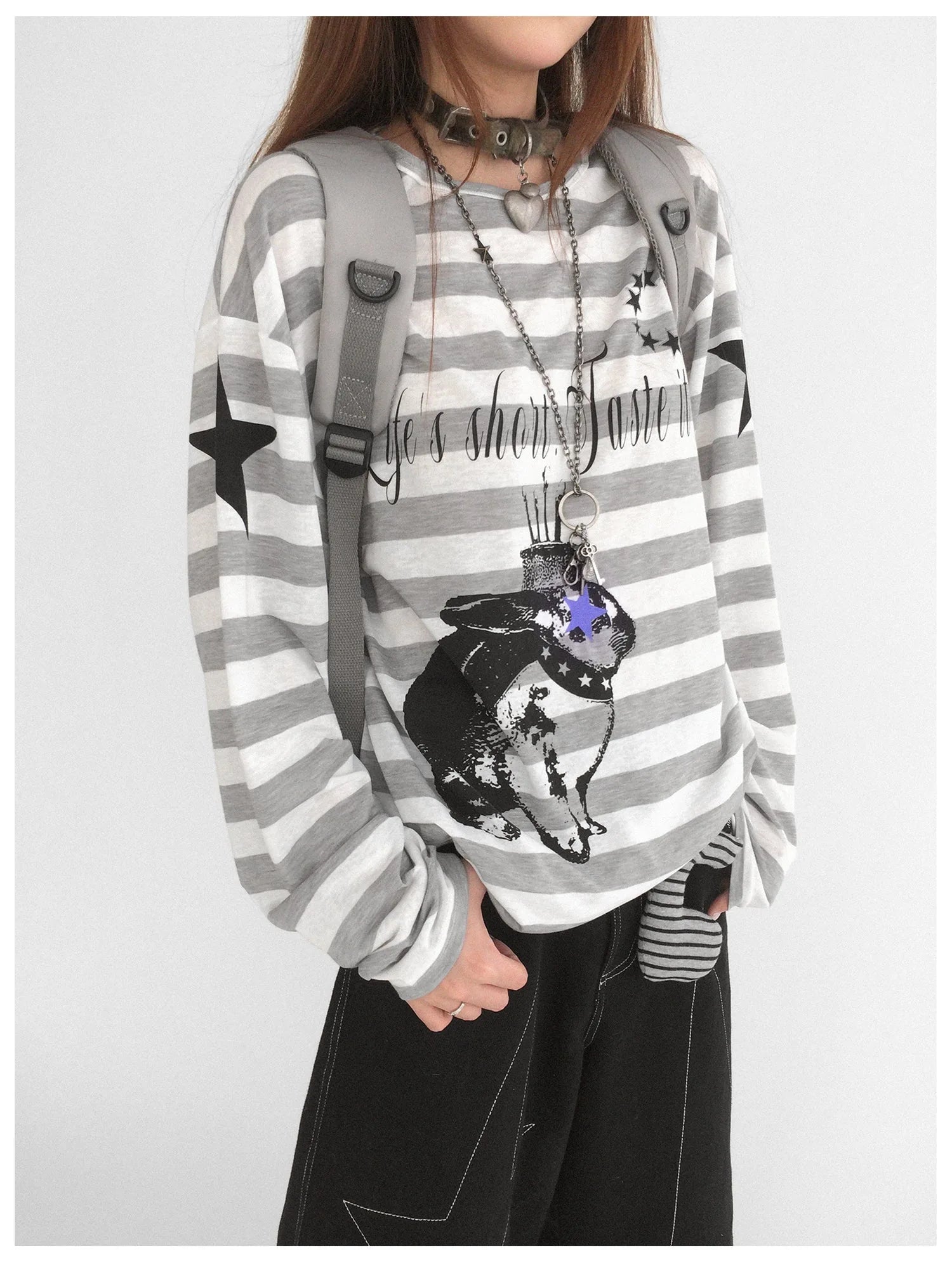 Rabbit Birthday Print Striped Tencel Long Sleeve Tee