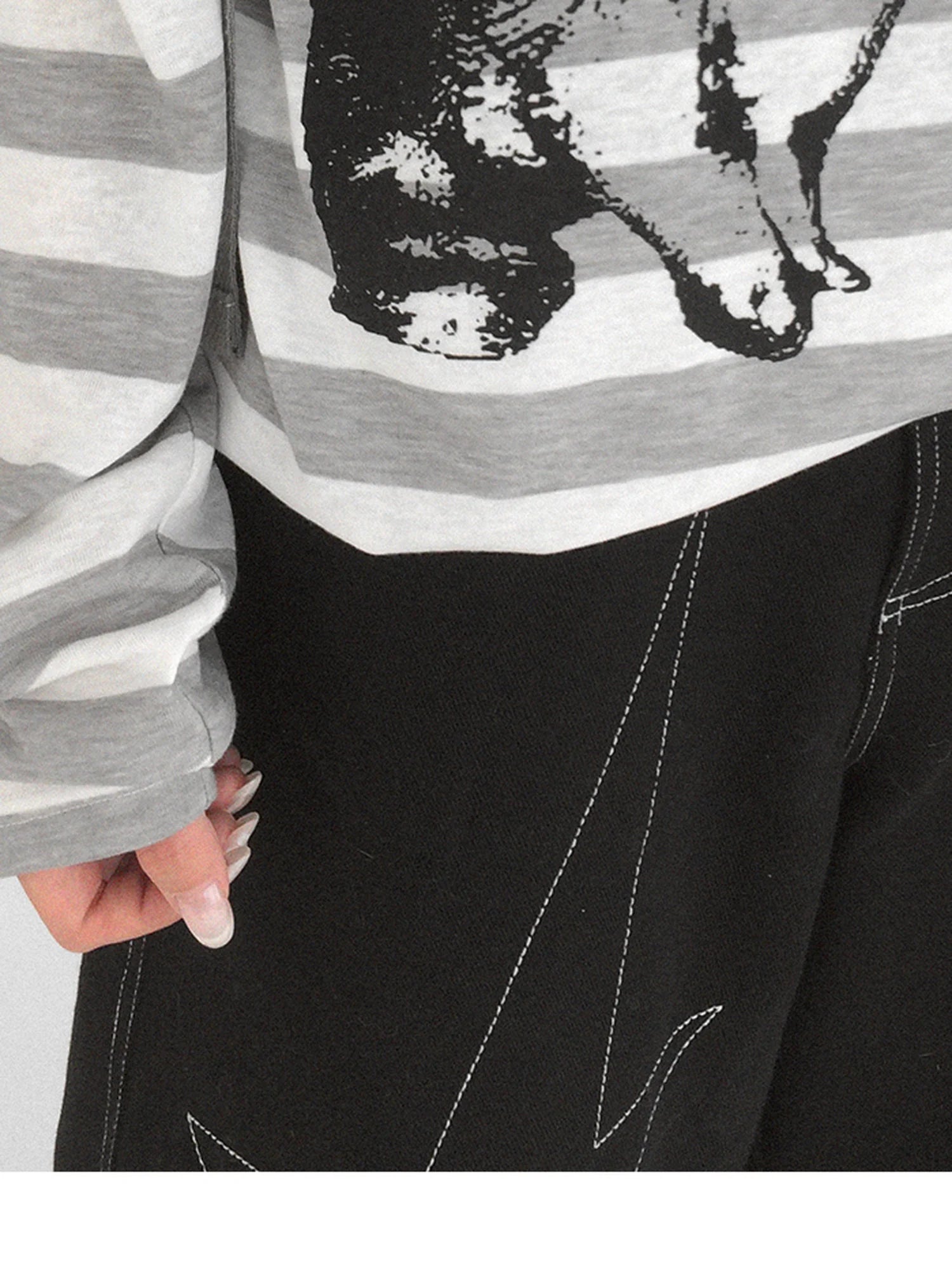 Rabbit Birthday Print Striped Tencel Long Sleeve Tee