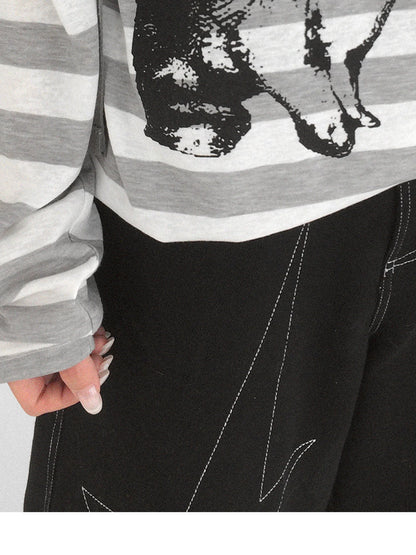 Rabbit Birthday Print Striped Tencel Long Sleeve Tee