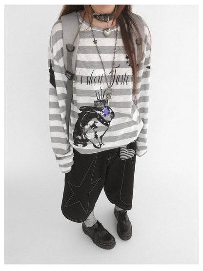 Rabbit Birthday Print Striped Tencel Long Sleeve Tee