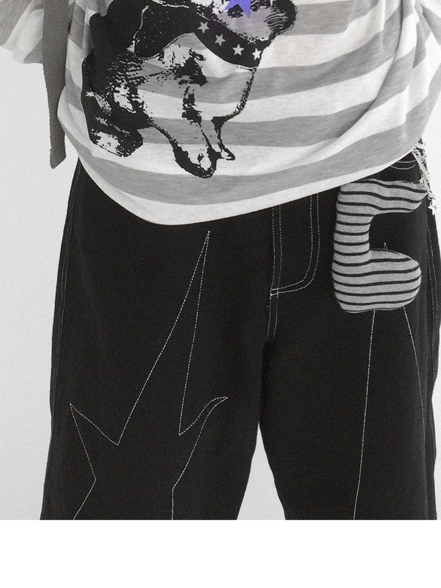 Rabbit Birthday Print Striped Tencel Long Sleeve Tee