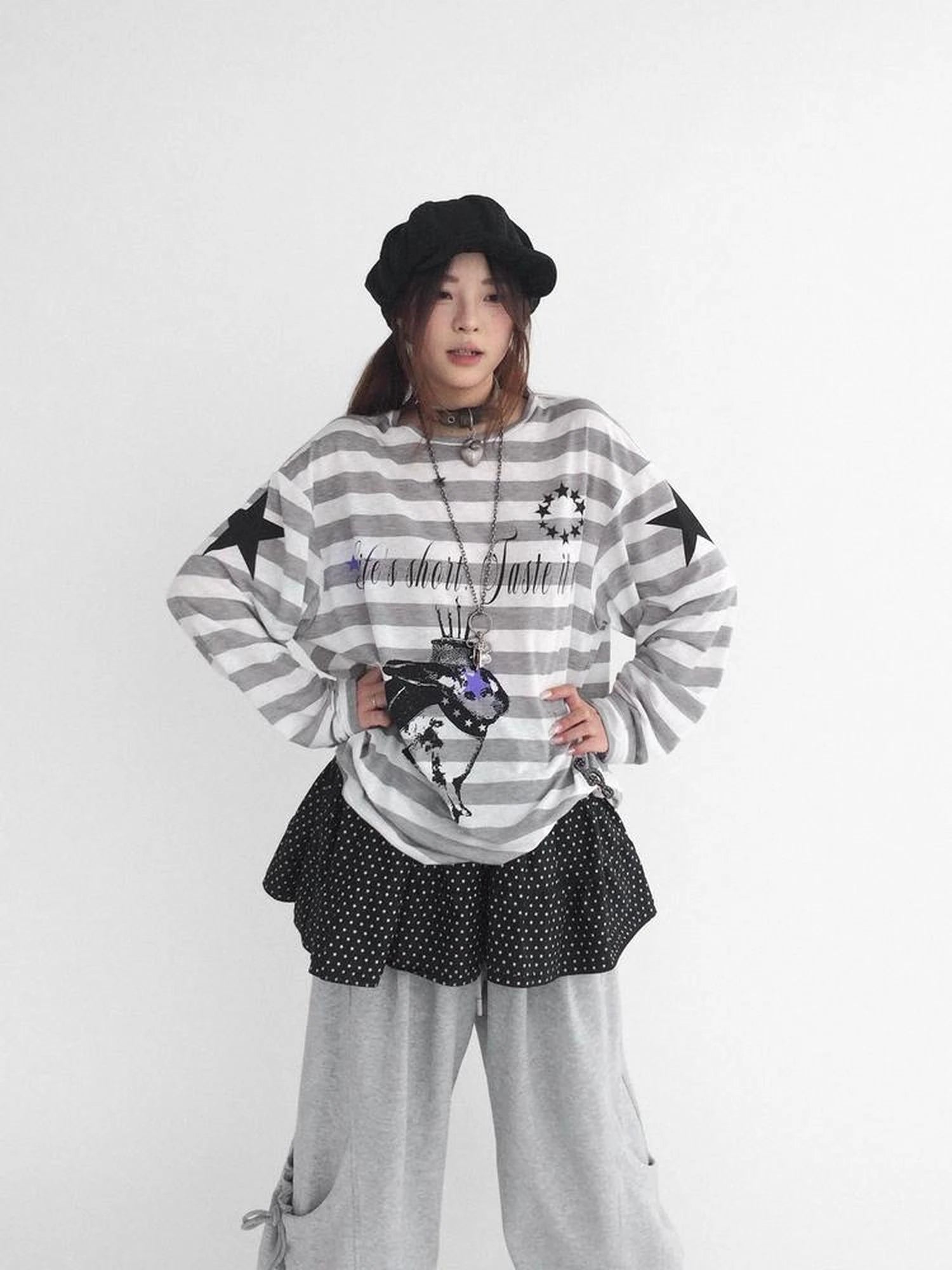 Rabbit Birthday Print Striped Tencel Long Sleeve Tee