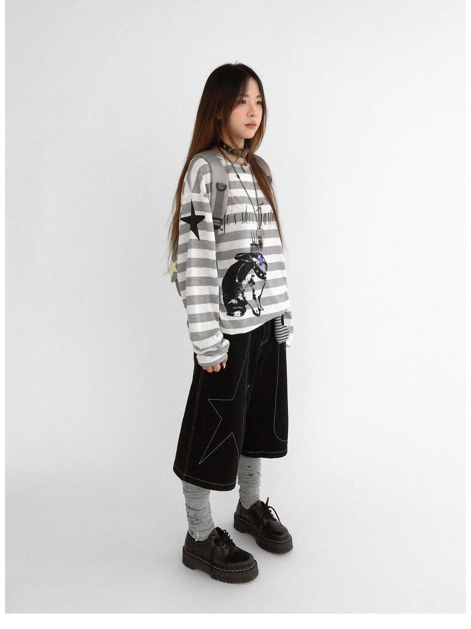 innomoood Rabbit Birthday Print Striped Tencel Long Sleeve Tee