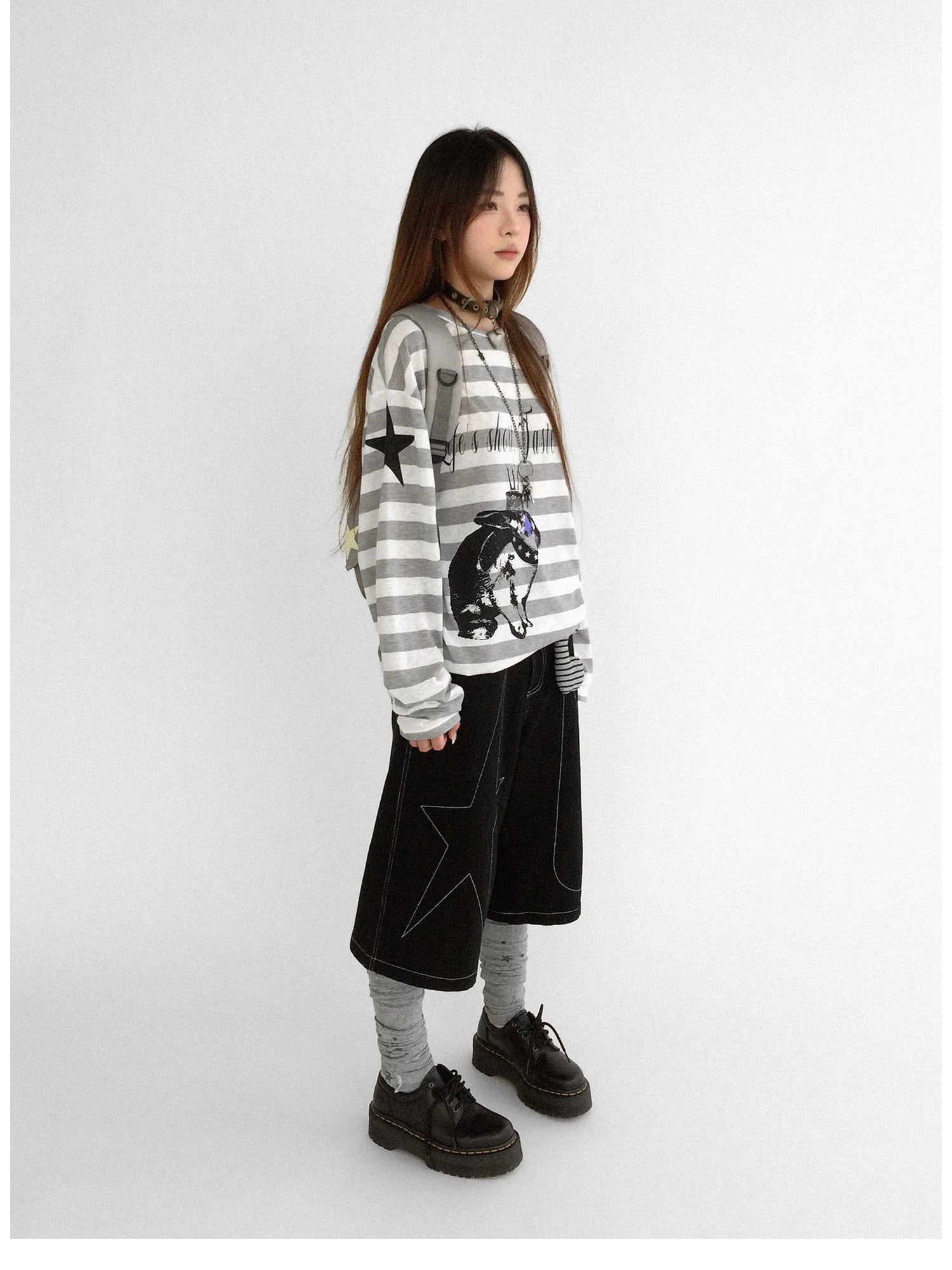 Rabbit Birthday Print Striped Tencel Long Sleeve Tee