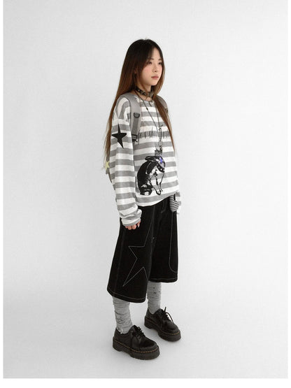 Rabbit Birthday Print Striped Tencel Long Sleeve Tee