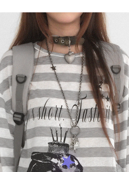 innomoood Rabbit Birthday Print Striped Tencel Long Sleeve Tee