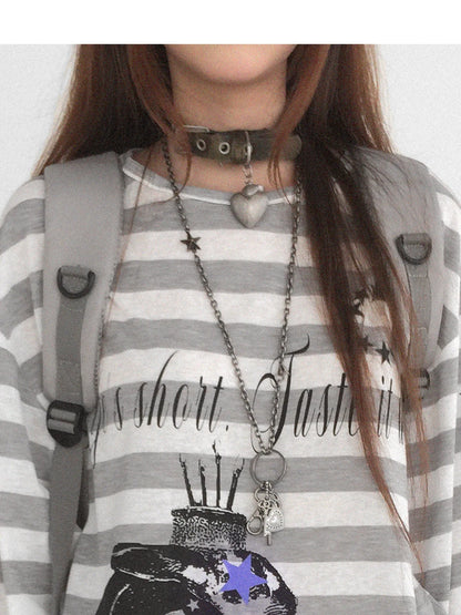 Rabbit Birthday Print Striped Tencel Long Sleeve Tee