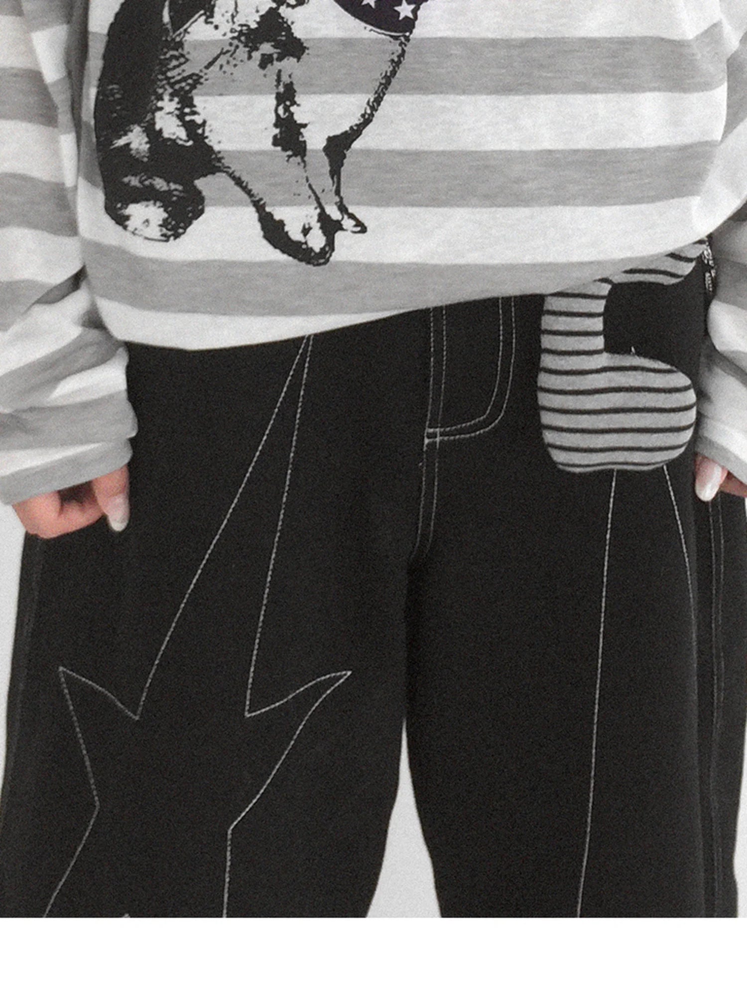 Rabbit Birthday Print Striped Tencel Long Sleeve Tee