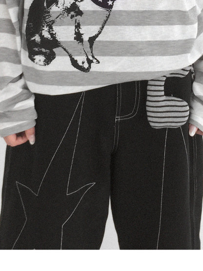 Rabbit Birthday Print Striped Tencel Long Sleeve Tee