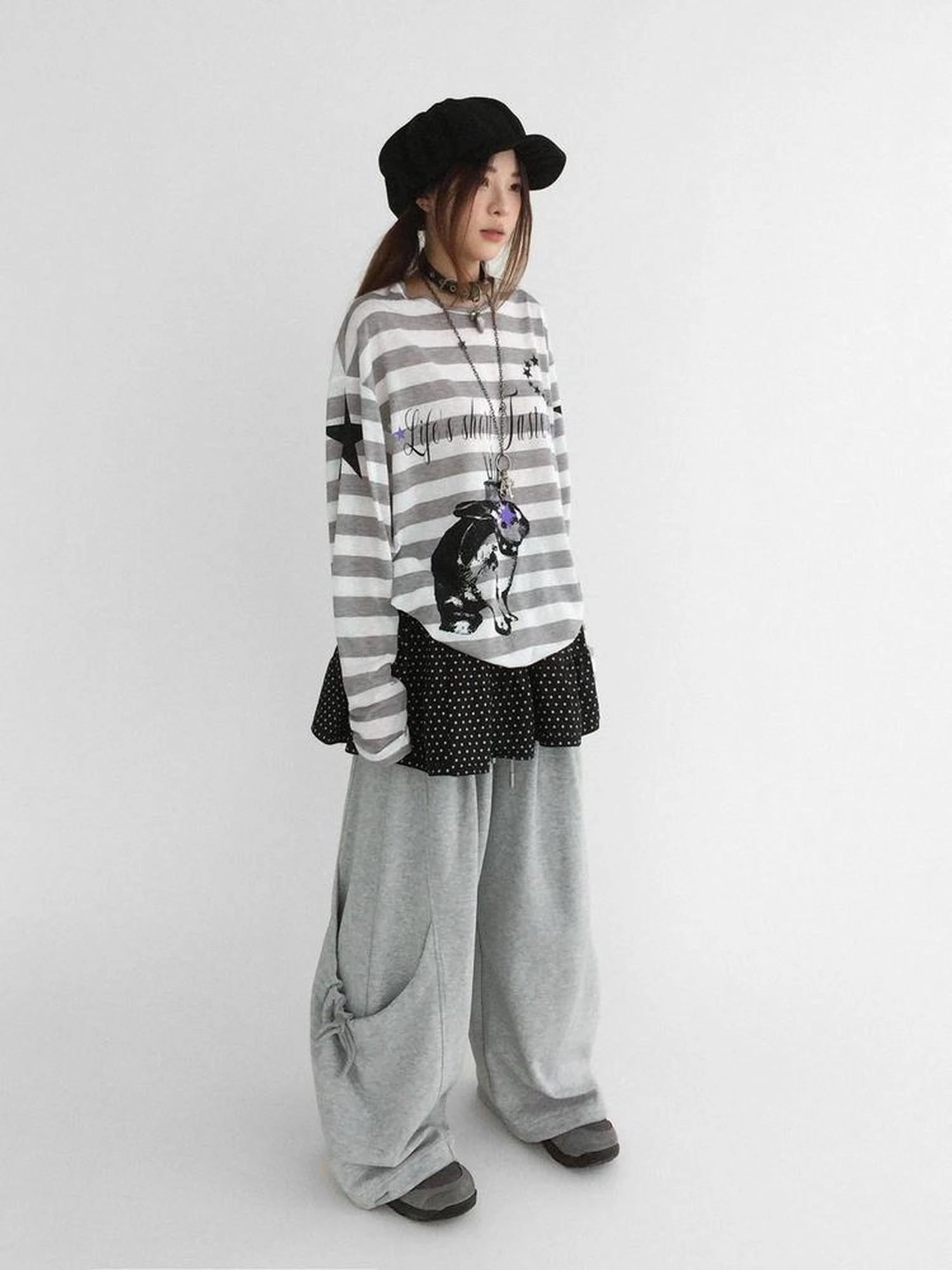 Rabbit Birthday Print Striped Tencel Long Sleeve Tee