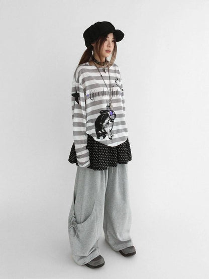 Rabbit Birthday Print Striped Tencel Long Sleeve Tee