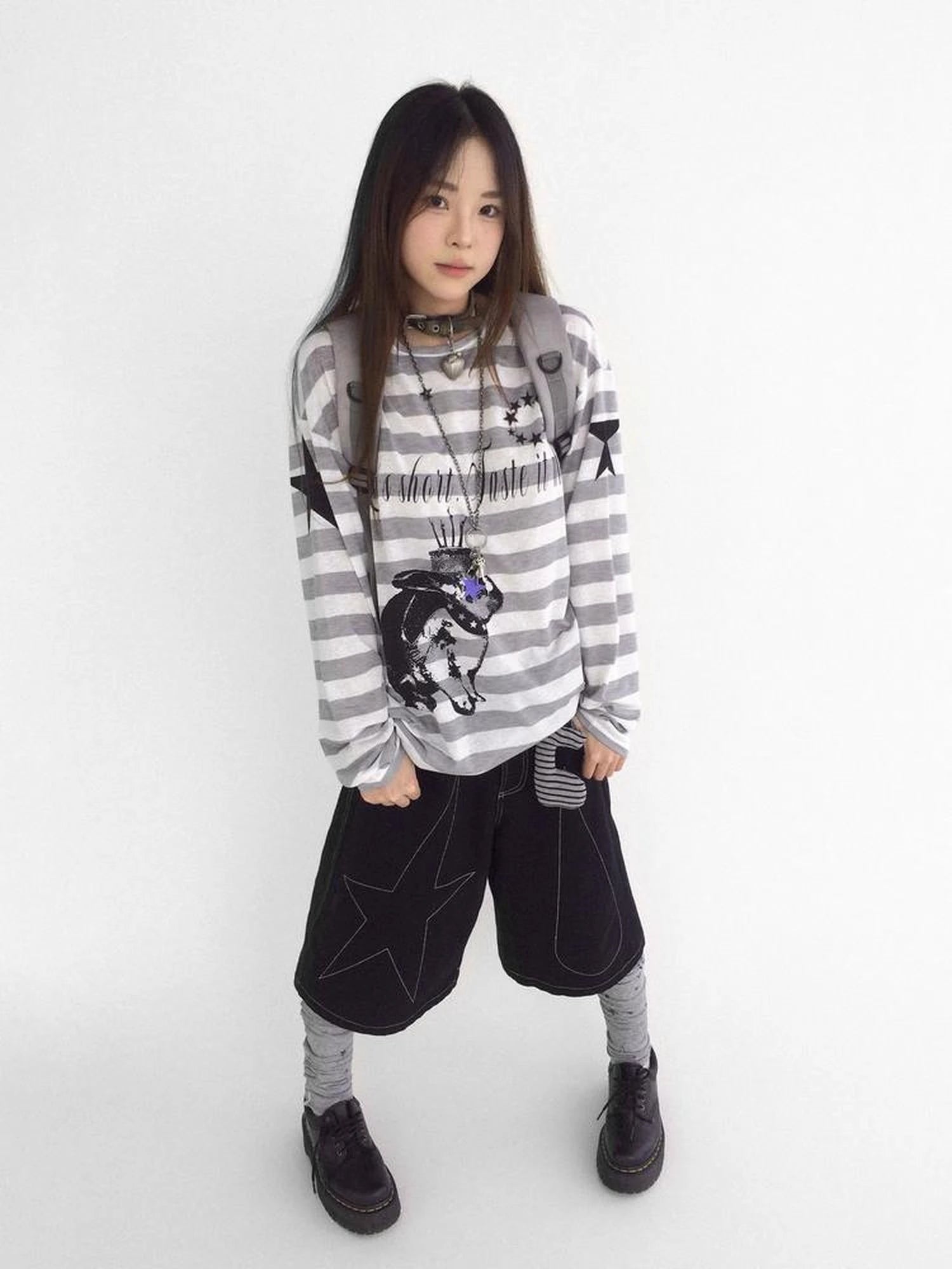 Rabbit Birthday Print Striped Tencel Long Sleeve Tee