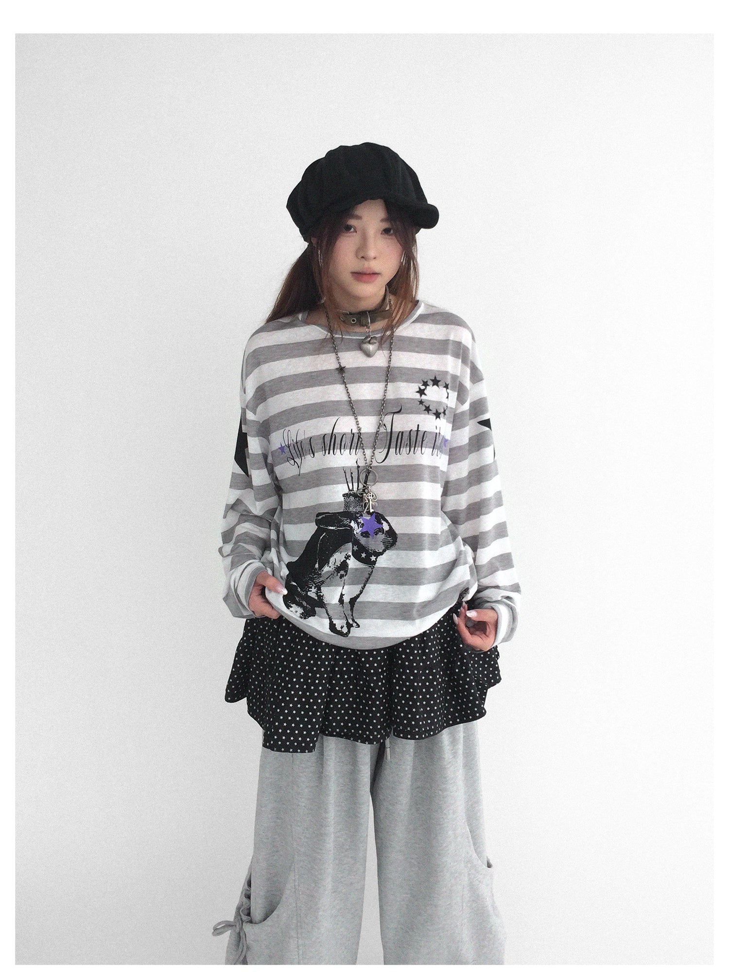 innomoood Rabbit Birthday Print Striped Tencel Long Sleeve Tee