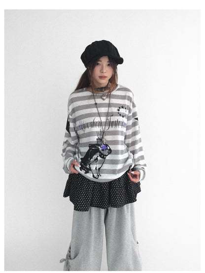 innomoood Rabbit Birthday Print Striped Tencel Long Sleeve Tee