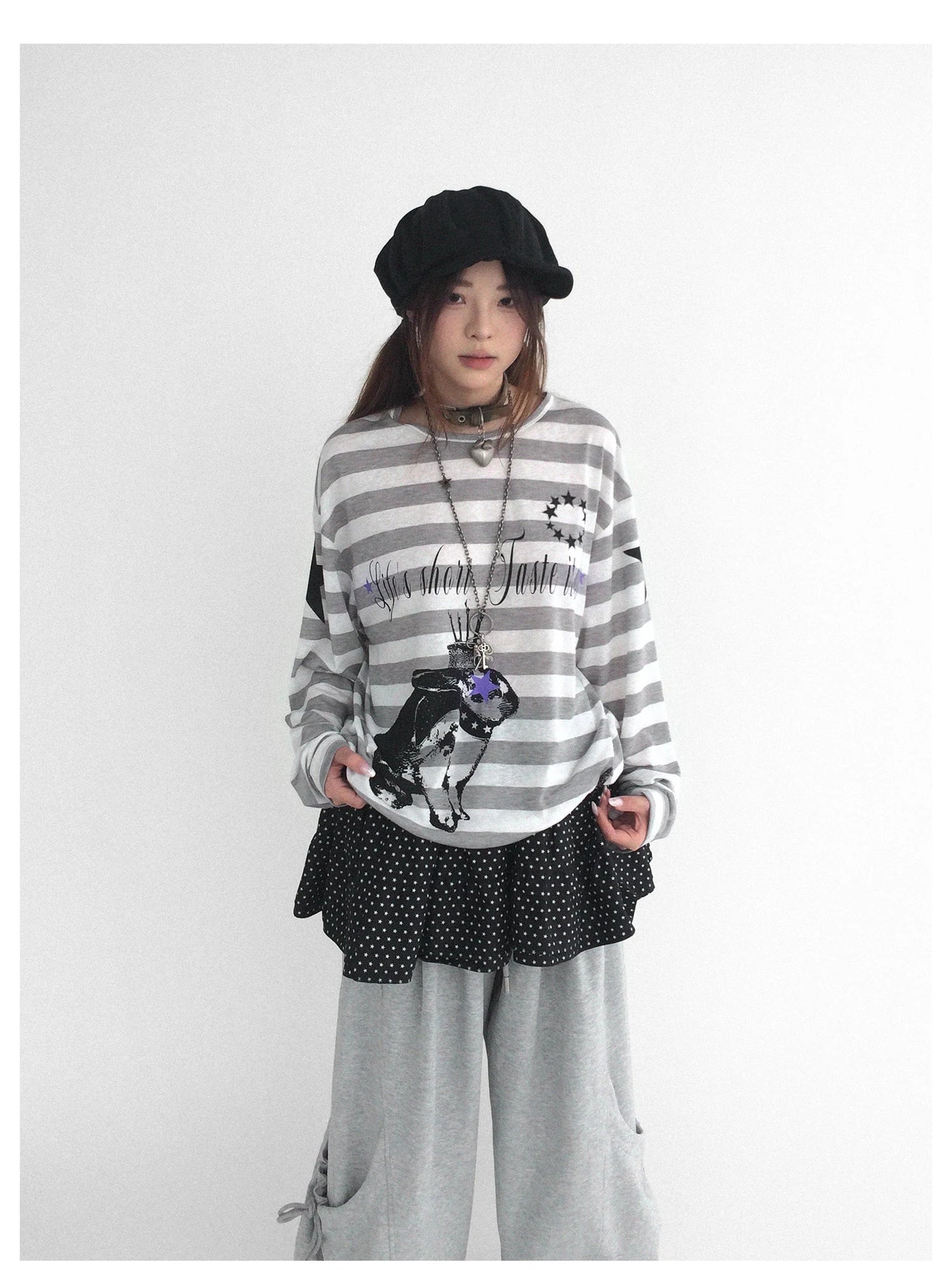 Rabbit Birthday Print Striped Tencel Long Sleeve Tee