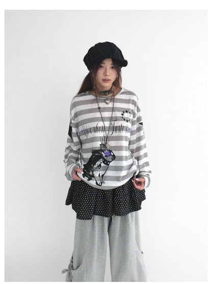 Rabbit Birthday Print Striped Tencel Long Sleeve Tee