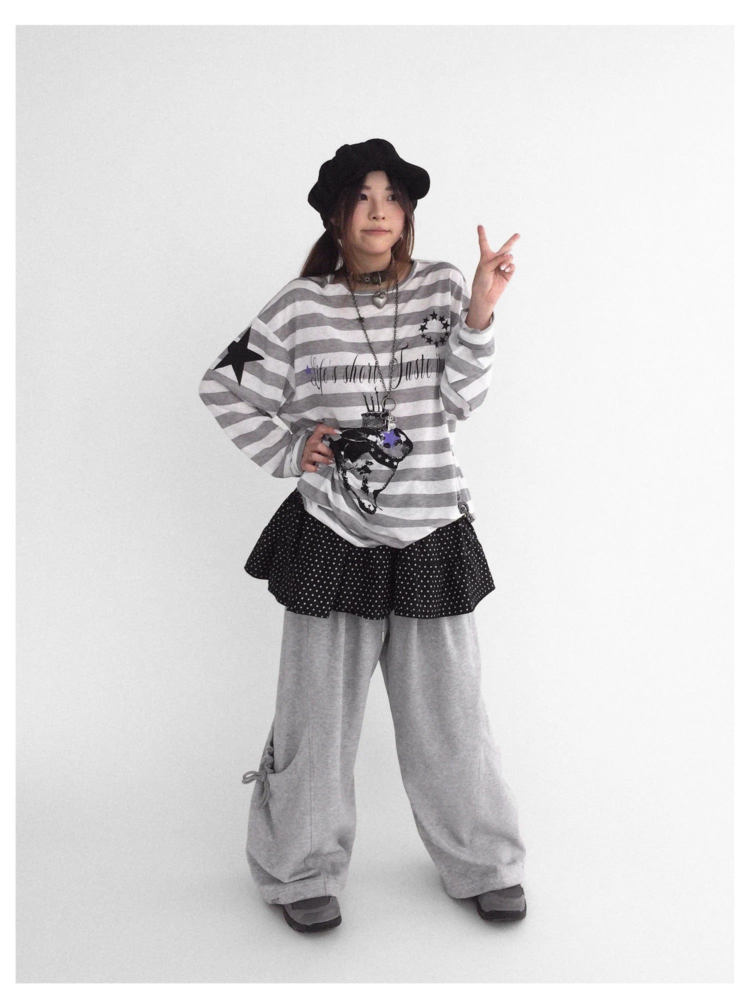 Rabbit Birthday Print Striped Tencel Long Sleeve Tee