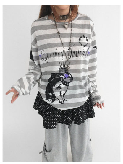 Rabbit Birthday Print Striped Tencel Long Sleeve Tee