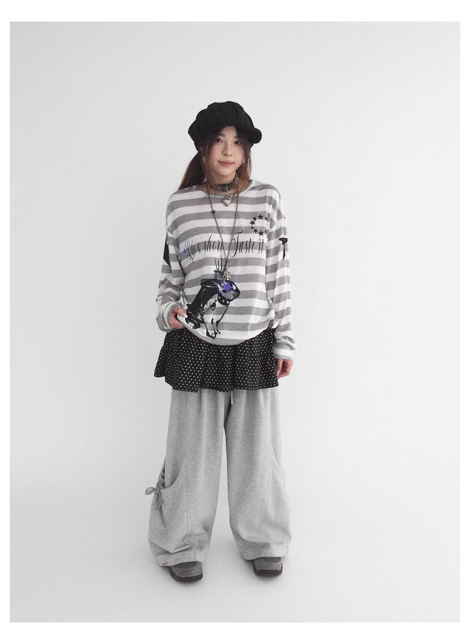 innomoood Rabbit Birthday Print Striped Tencel Long Sleeve Tee