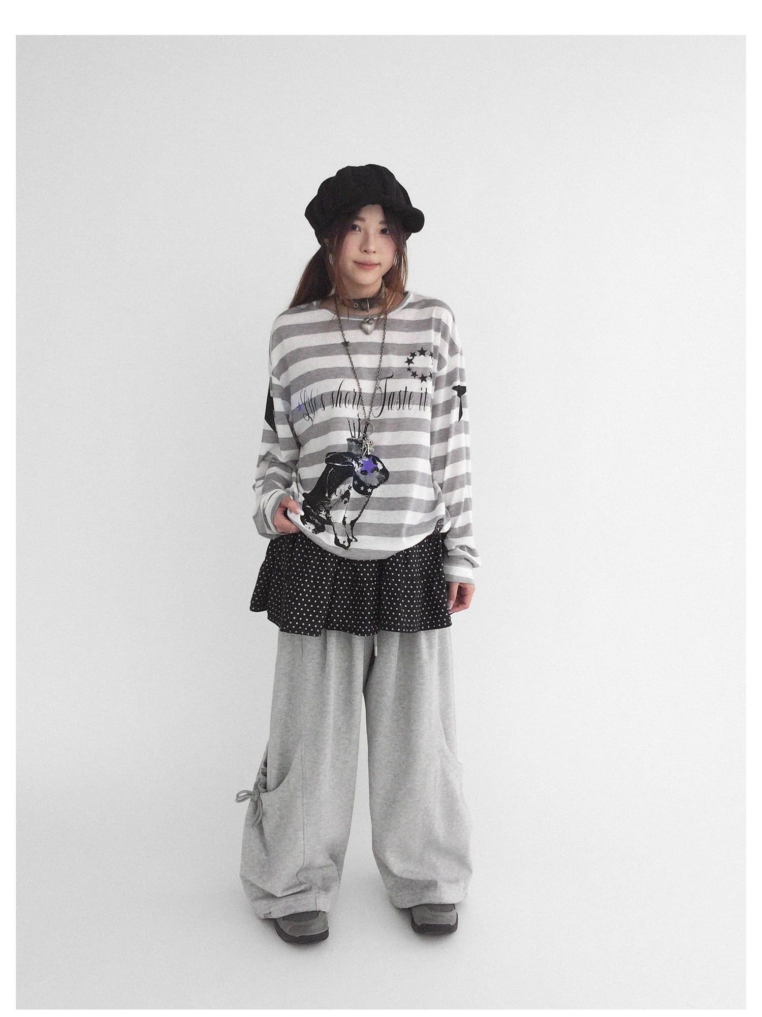 Rabbit Birthday Print Striped Tencel Long Sleeve Tee