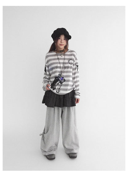 Rabbit Birthday Print Striped Tencel Long Sleeve Tee