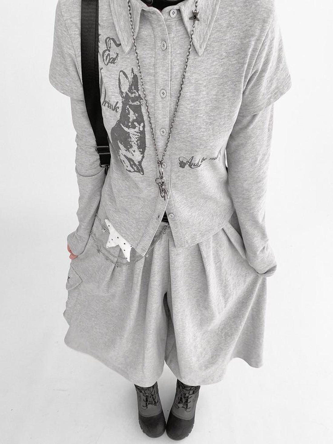 innomoood Rabbit Print Collared Knit T-shirt Dress