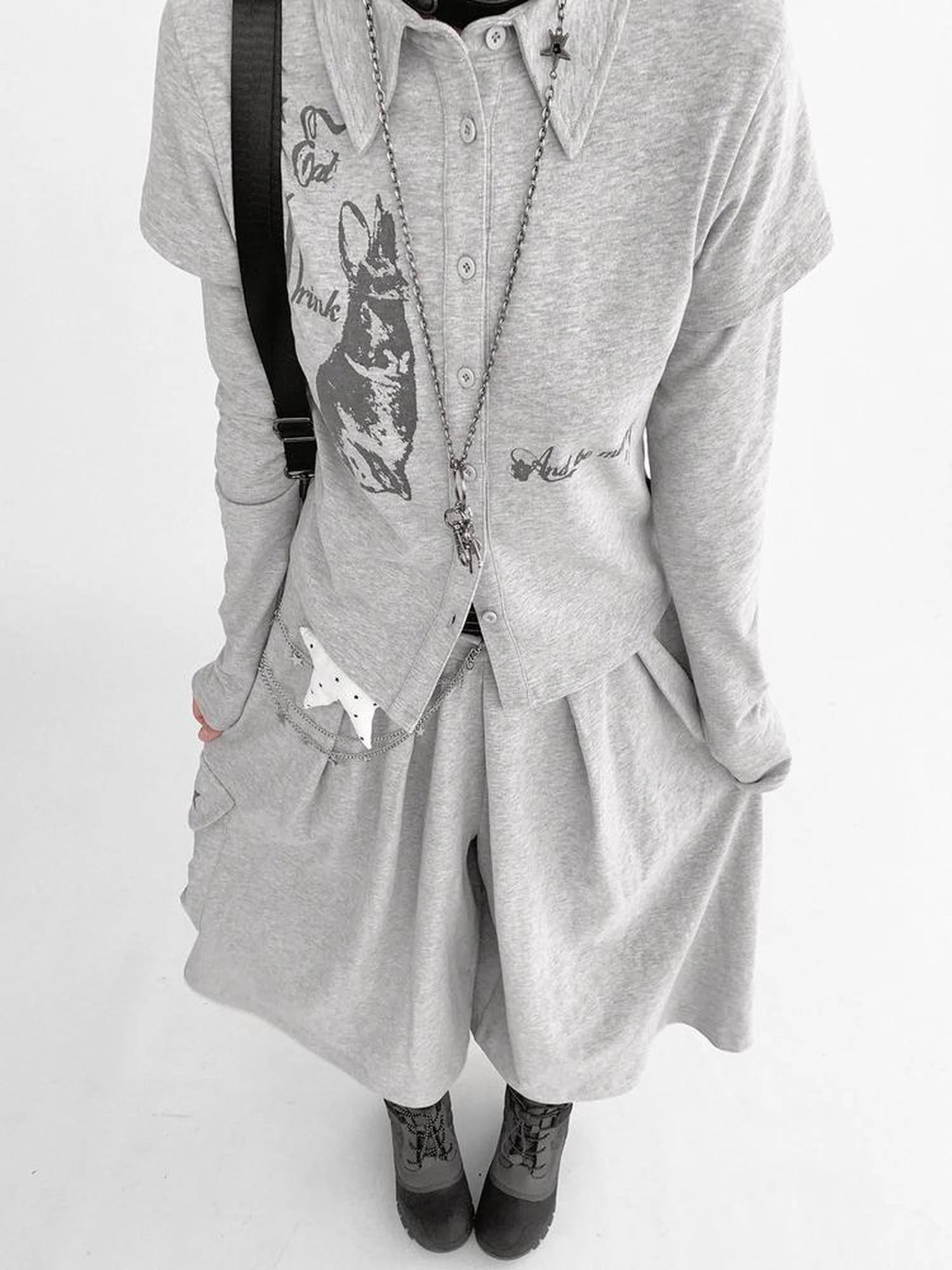 Rabbit Print Collared Knit T-shirt Dress