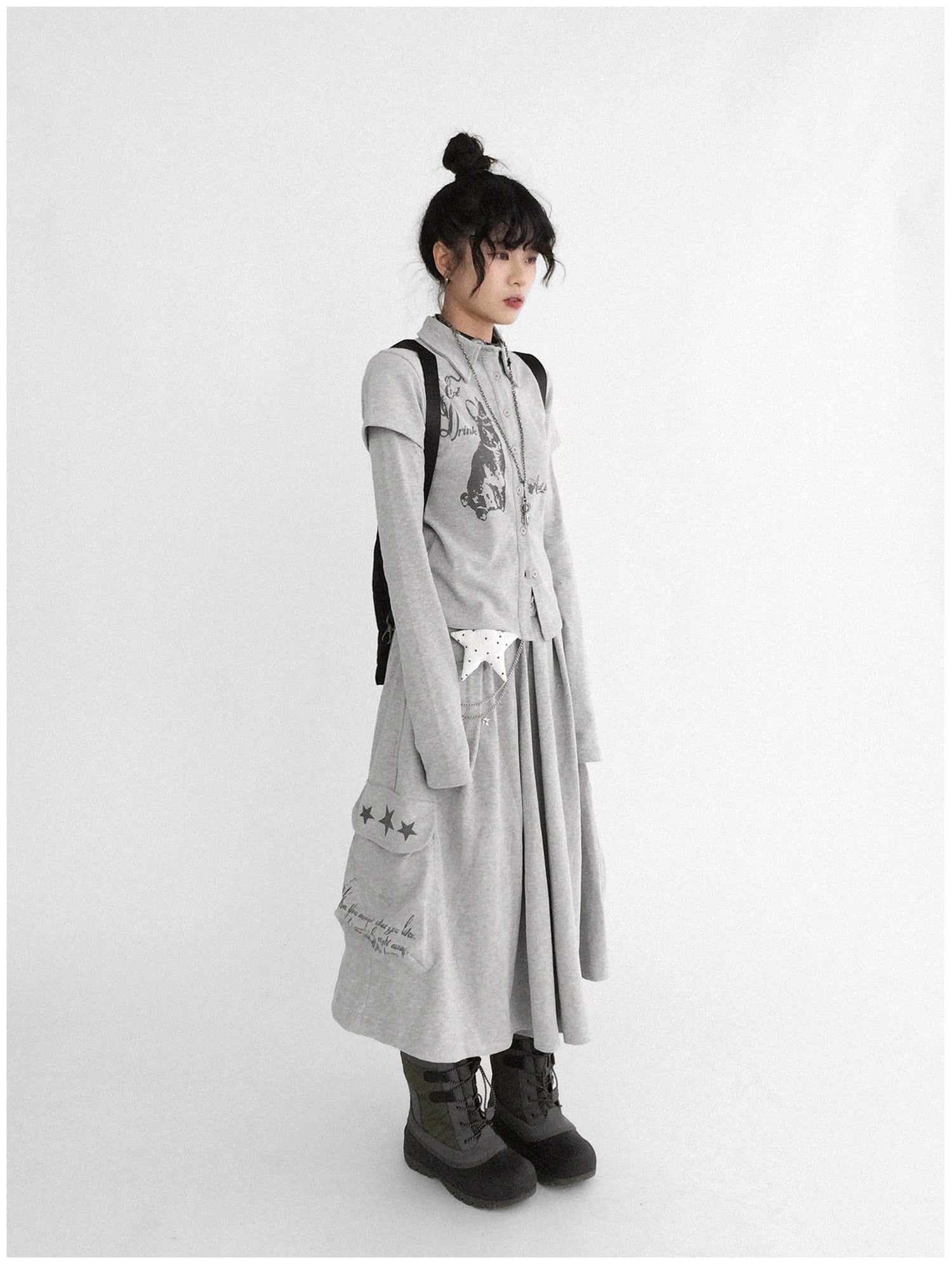 innomoood Rabbit Print Collared Knit T-shirt Dress