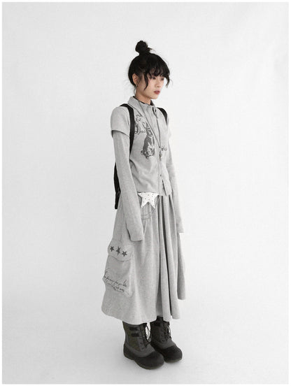 innomoood Rabbit Print Collared Knit T-shirt Dress