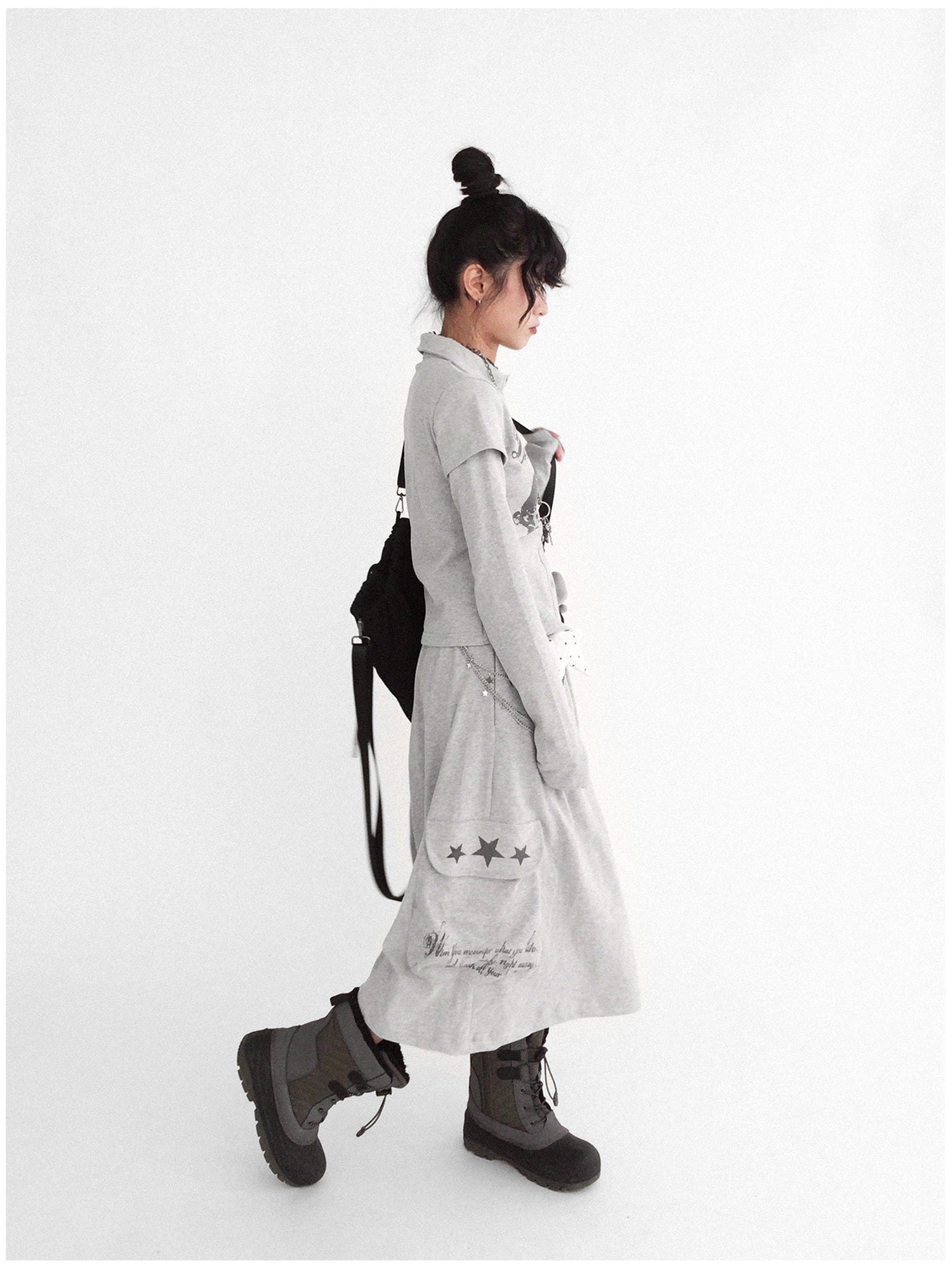 innomoood Rabbit Print Collared Knit T-shirt Dress
