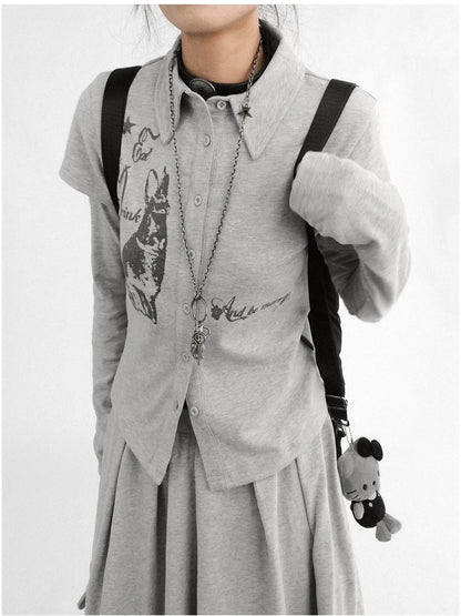 Rabbit Print Collared Knit T-shirt Dress