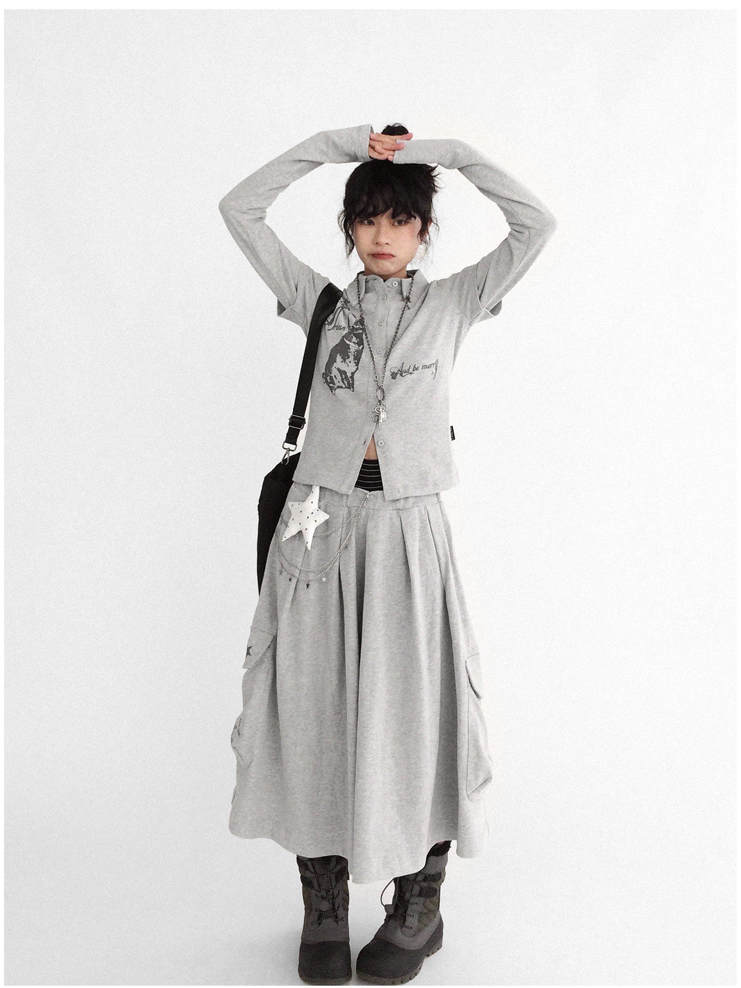 innomoood Rabbit Print Collared Knit T-shirt Dress