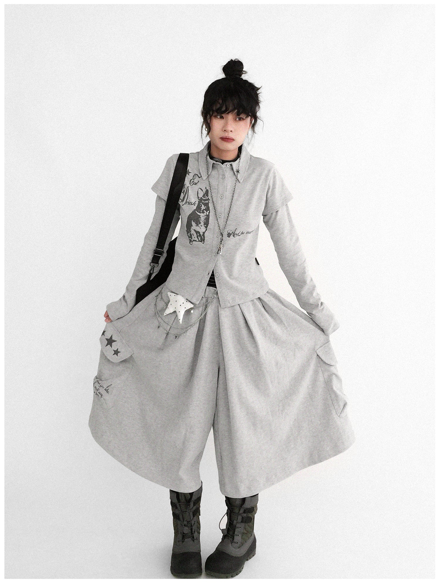 innomoood Rabbit Print Collared Knit T-shirt Dress