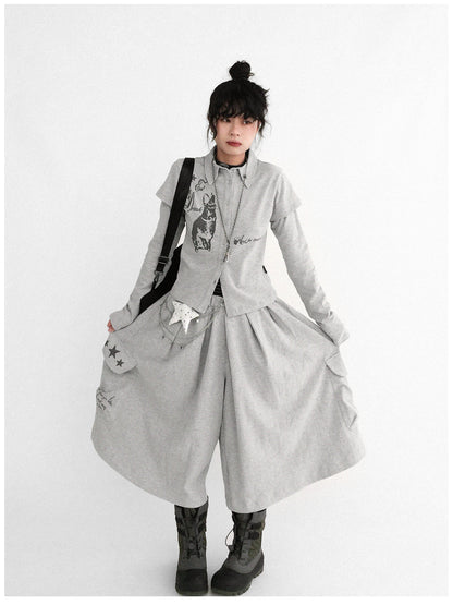 innomoood Rabbit Print Collared Knit T-shirt Dress
