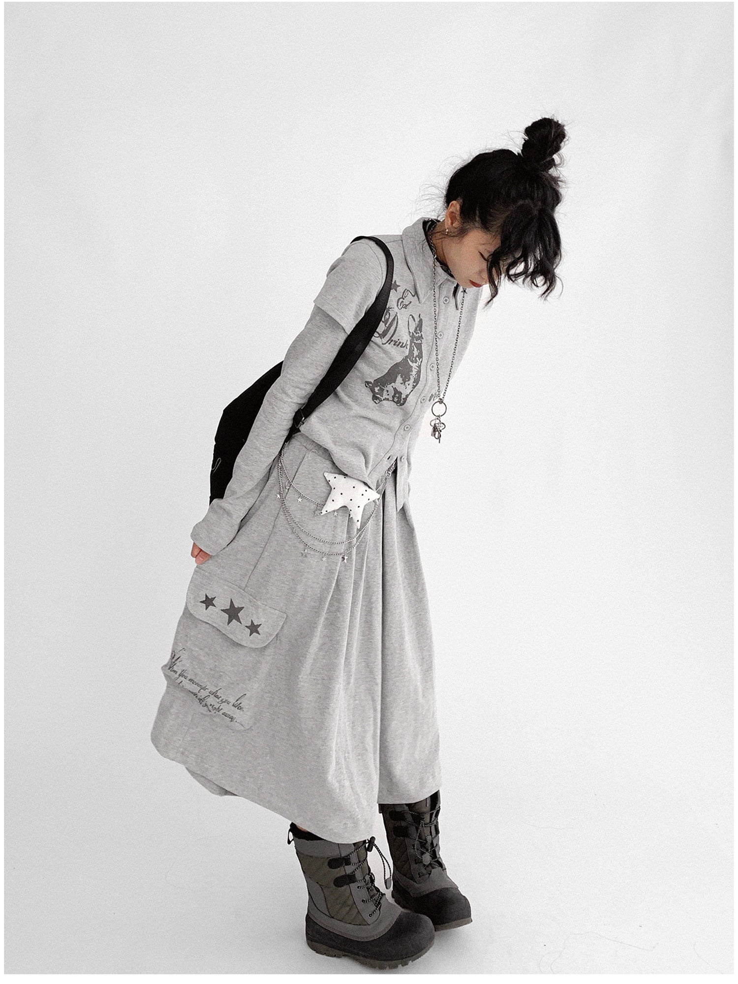 innomoood Rabbit Print Collared Knit T-shirt Dress