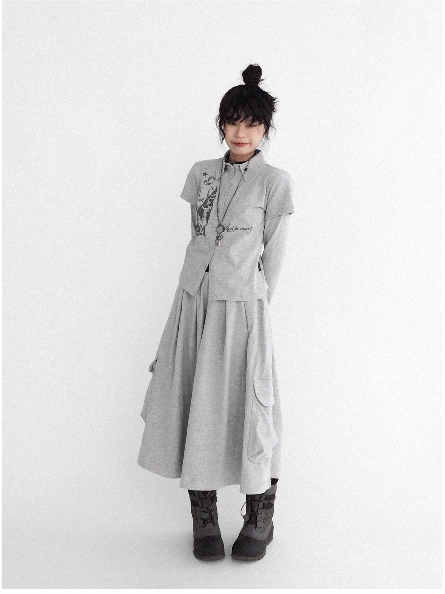 Rabbit Print Collared Knit T-shirt Dress