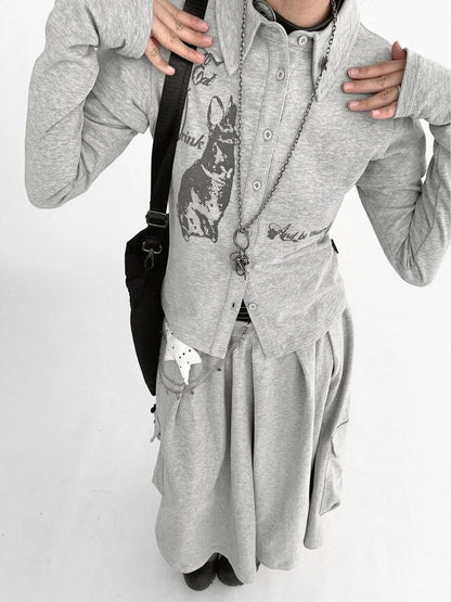 Rabbit Print Collared Knit T-shirt Dress