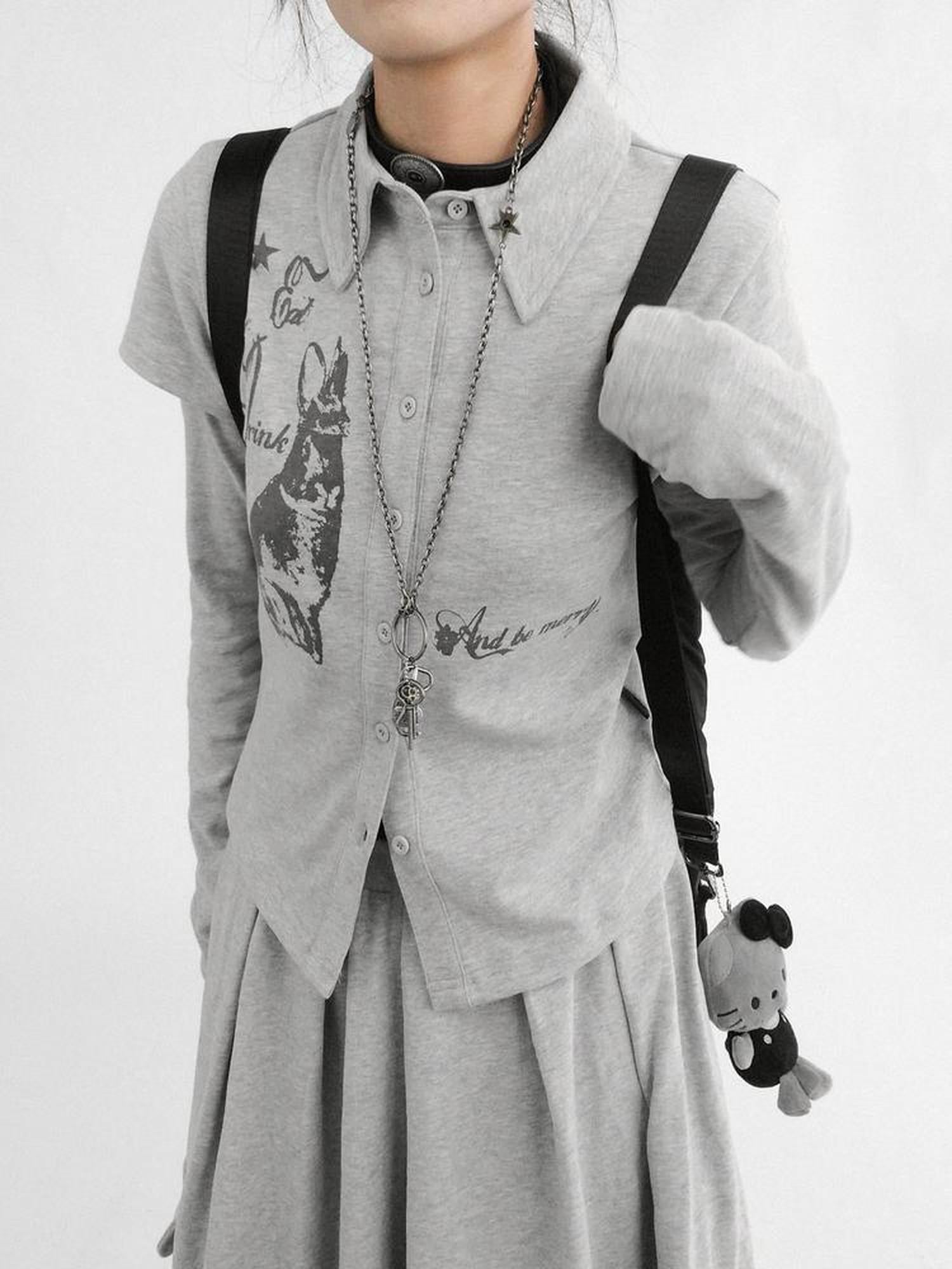 innomoood Rabbit Print Collared Knit T-shirt Dress