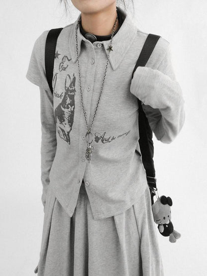 innomoood Rabbit Print Collared Knit T-shirt Dress