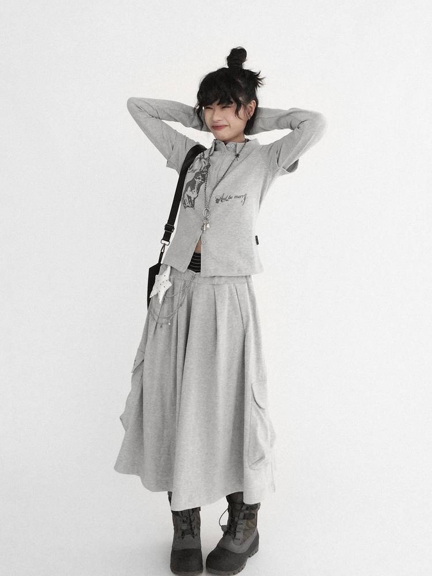 innomoood Rabbit Print Collared Knit T-shirt Dress