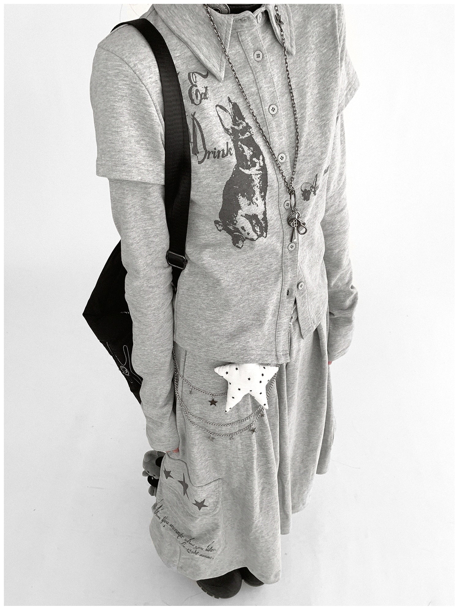 innomoood Rabbit Print Collared Knit T-shirt Dress
