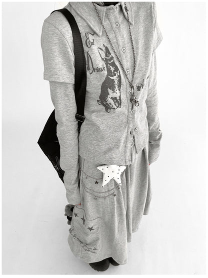 innomoood Rabbit Print Collared Knit T-shirt Dress