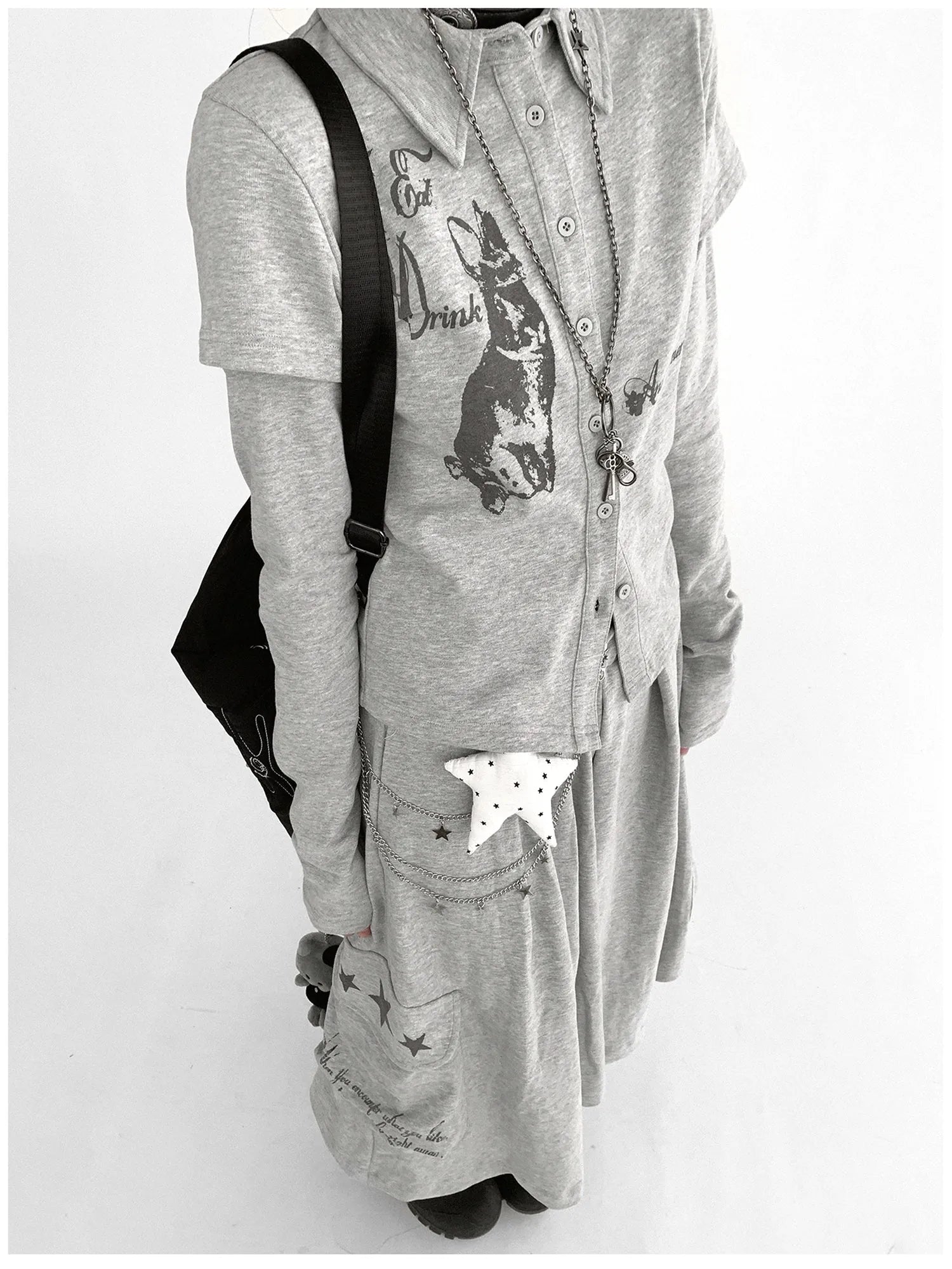 Rabbit Print Collared Knit T-shirt Dress