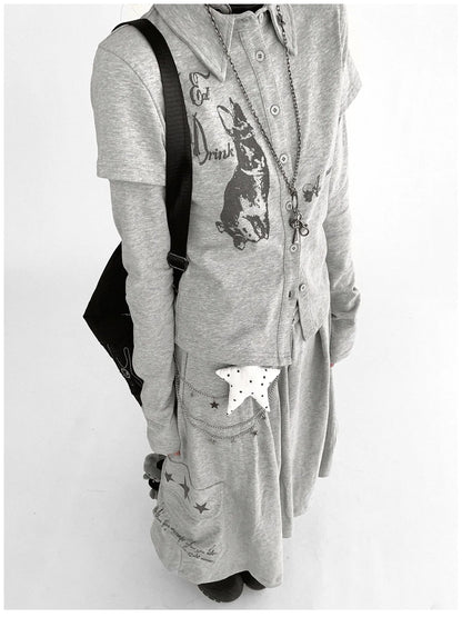 Rabbit Print Collared Knit T-shirt Dress