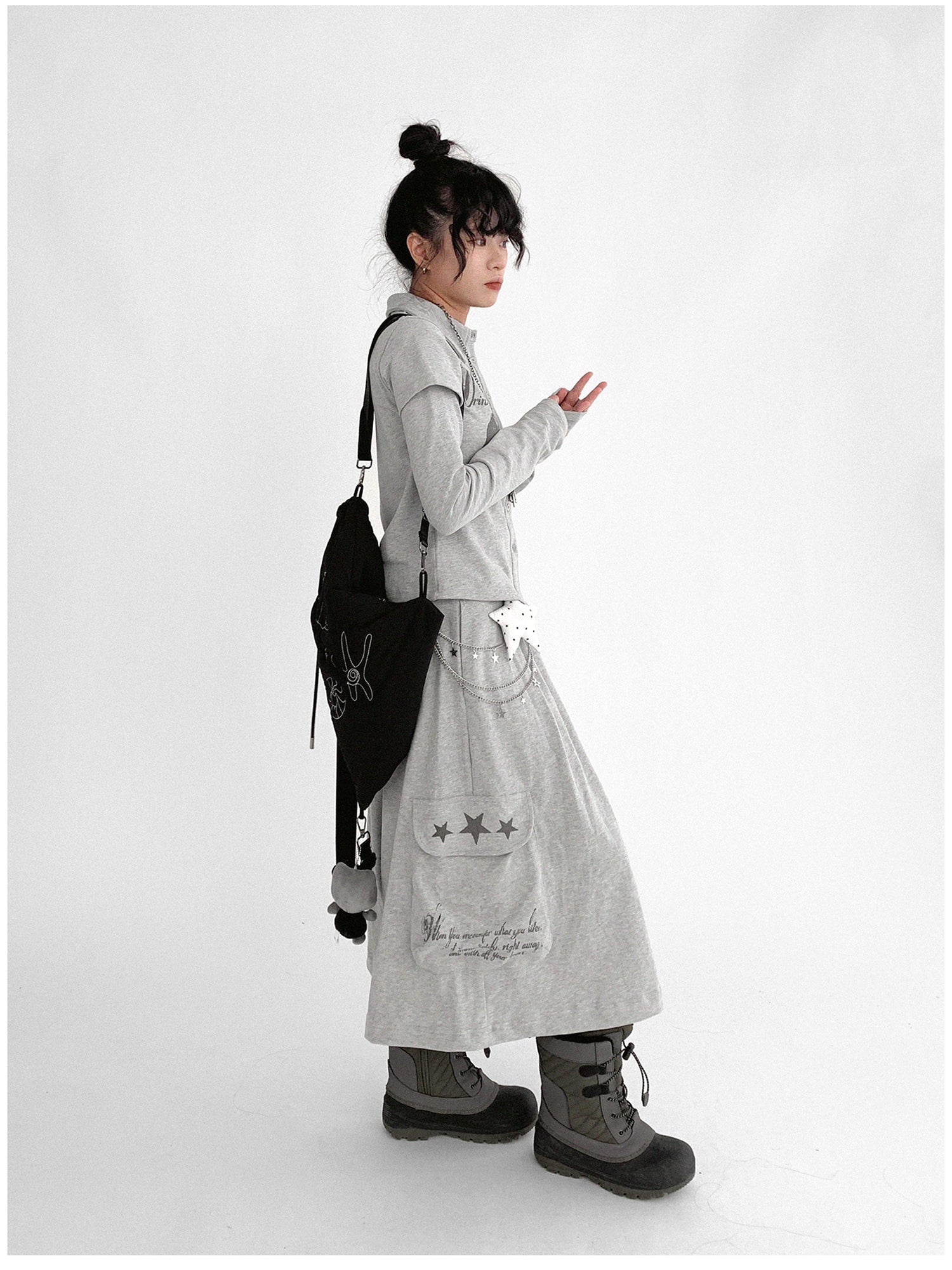 innomoood Rabbit Print Collared Knit T-shirt Dress