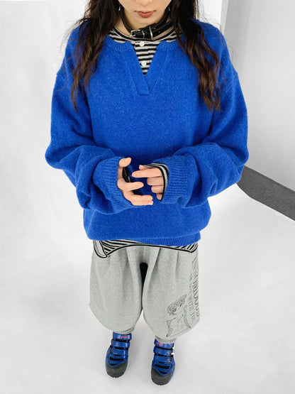 Relaxed V-Neck Wool Blend Knit Sweater