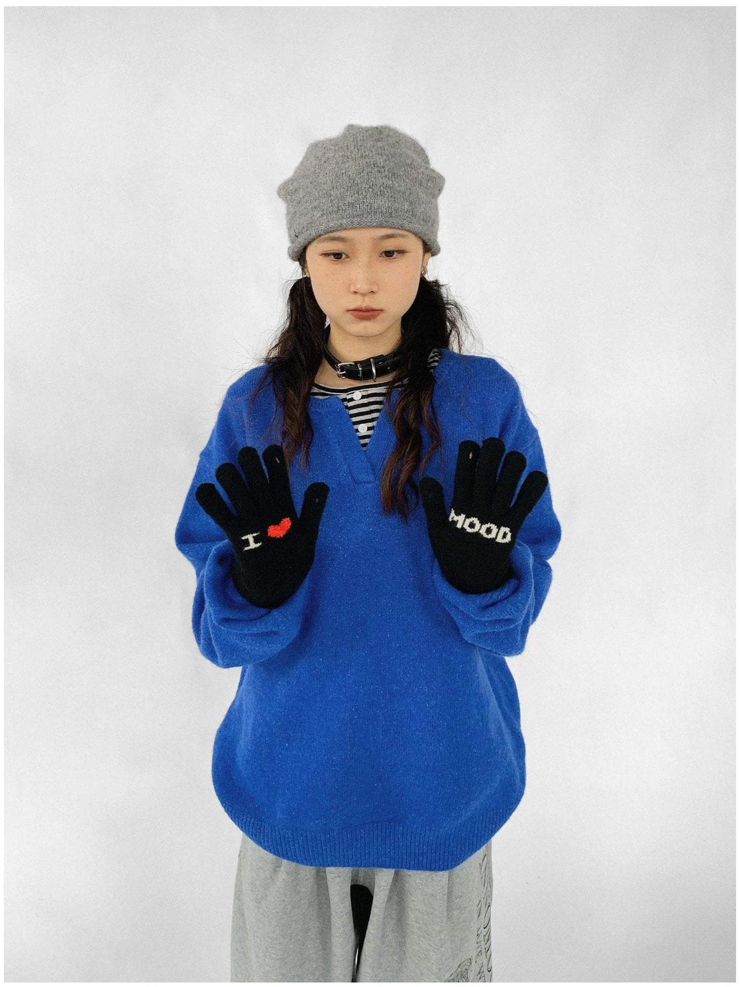 Relaxed V-Neck Wool Blend Knit Sweater