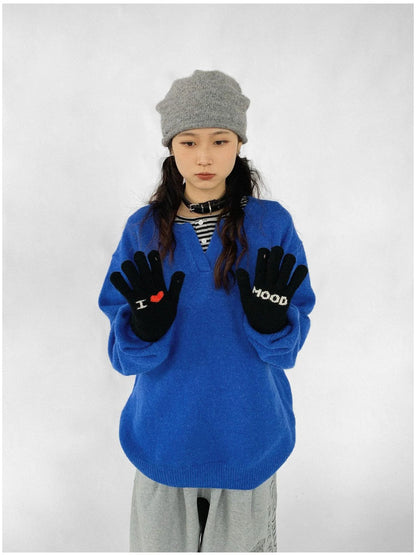 Relaxed V-Neck Wool Blend Knit Sweater