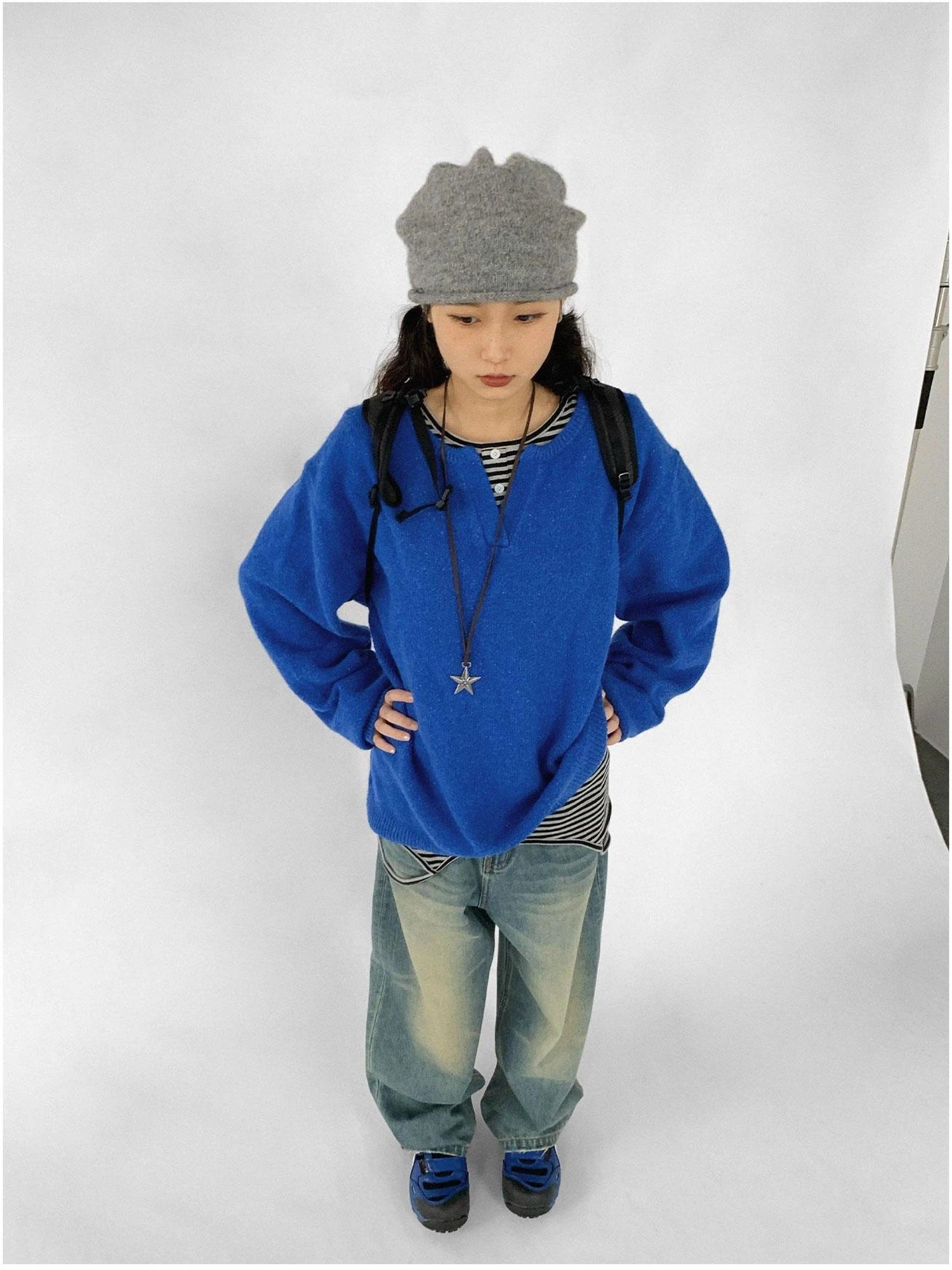 Relaxed V-Neck Wool Blend Knit Sweater