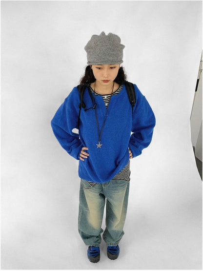 Relaxed V-Neck Wool Blend Knit Sweater